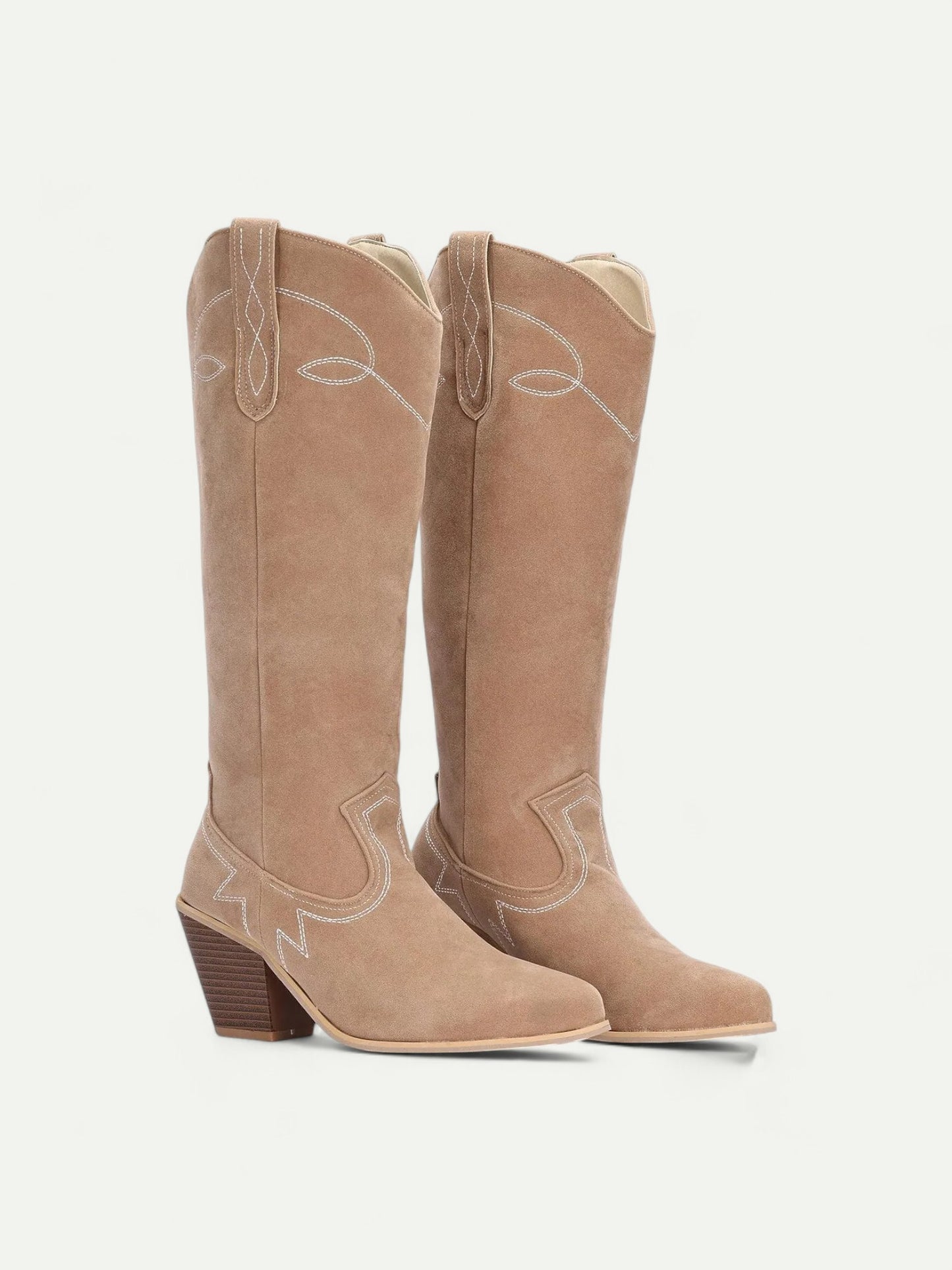 Women's Light Brown Suede Western Cowboy Boots with Embroidered Details