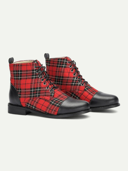 Women's Red Tartan Plaid Ankle Boots with Black Leather Toe Cap