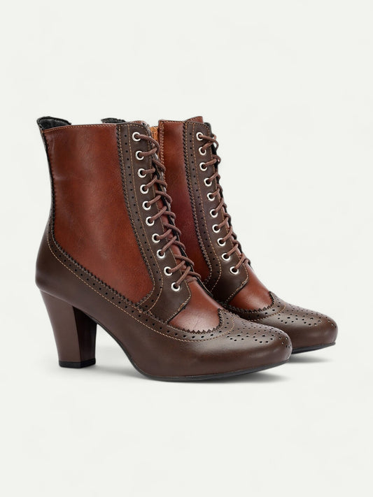 Women's Victorian Gatsby Vintage Brown Lace-Up Ankle Boots with Brogue Detailing