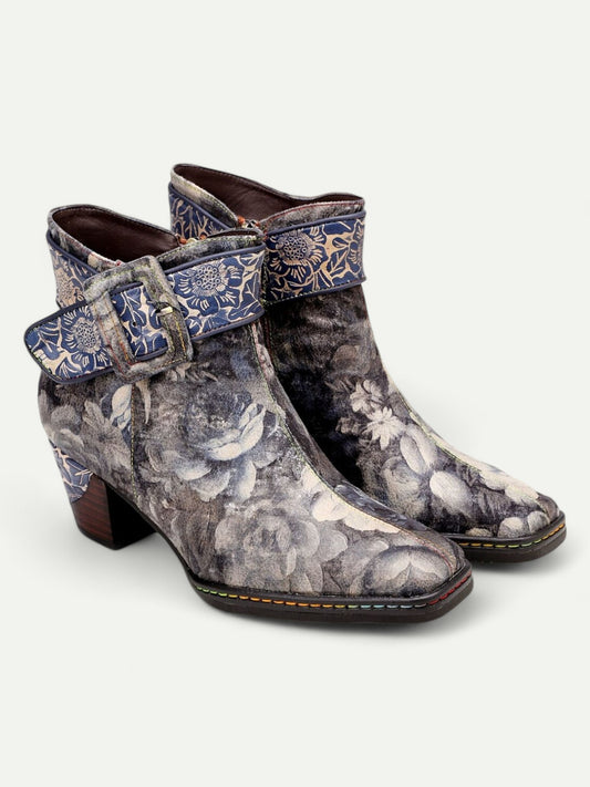 Women's Vintage Floral Ankle Boots with Buckle Strap Retro Style Chunky Heel