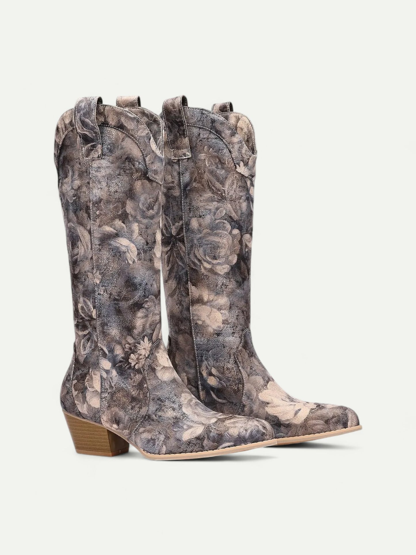 Women's Floral Pattern Western Cowboy Boots with Low Heel