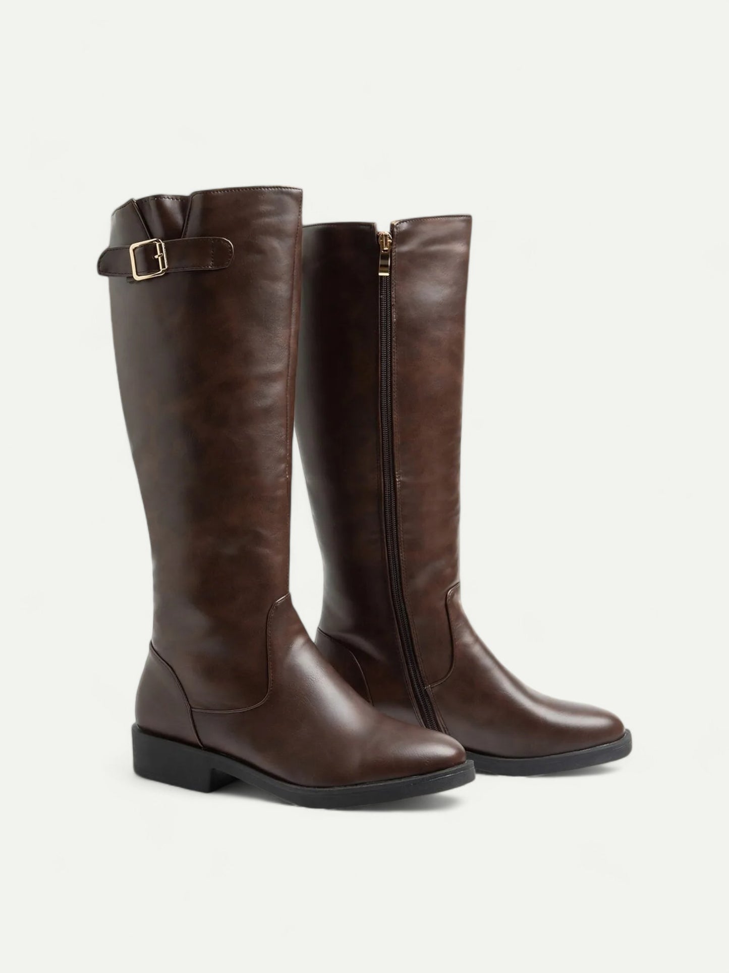 Women's Brown Knee-High Riding Boots with Buckle Detail and Side Zipper