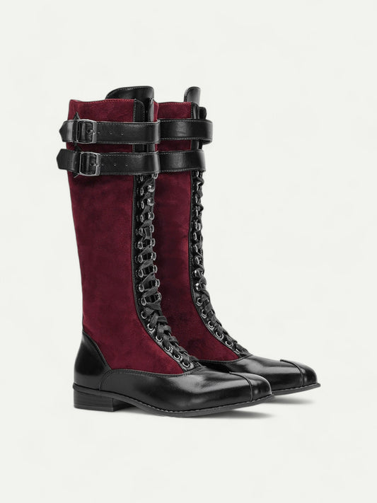 Women's Burgundy Faux Suede and Black Faux Leather Knee-High Lace-Up Boots