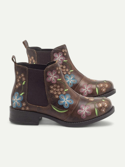 Women's Brown Chelsea Boots with Floral Embroidery and Rugged Sole