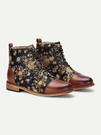 Women's Floral Print Lace-Up Ankle Boots – Retro Faux Leather and Jacquard Fabric Boots