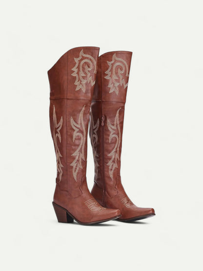 Women's Brown Western Over-the-Knee Cowboy Boots with Intricate Embroidery and Block Heel