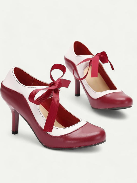 White and Red Ribbon Tie Heels - Women's Elegant Dress Shoes