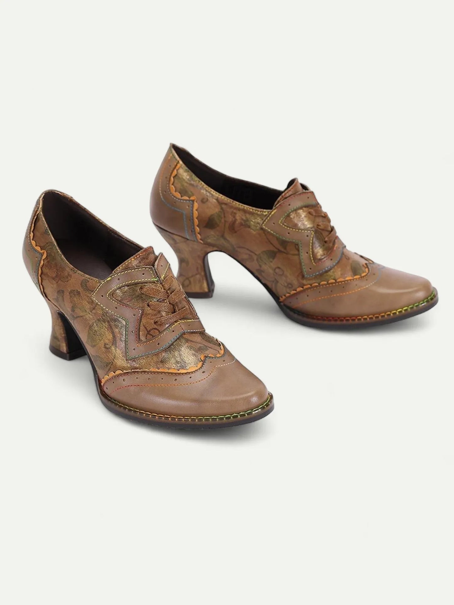 Women's Beige Lace-Up Heeled Brogues Vintage Print