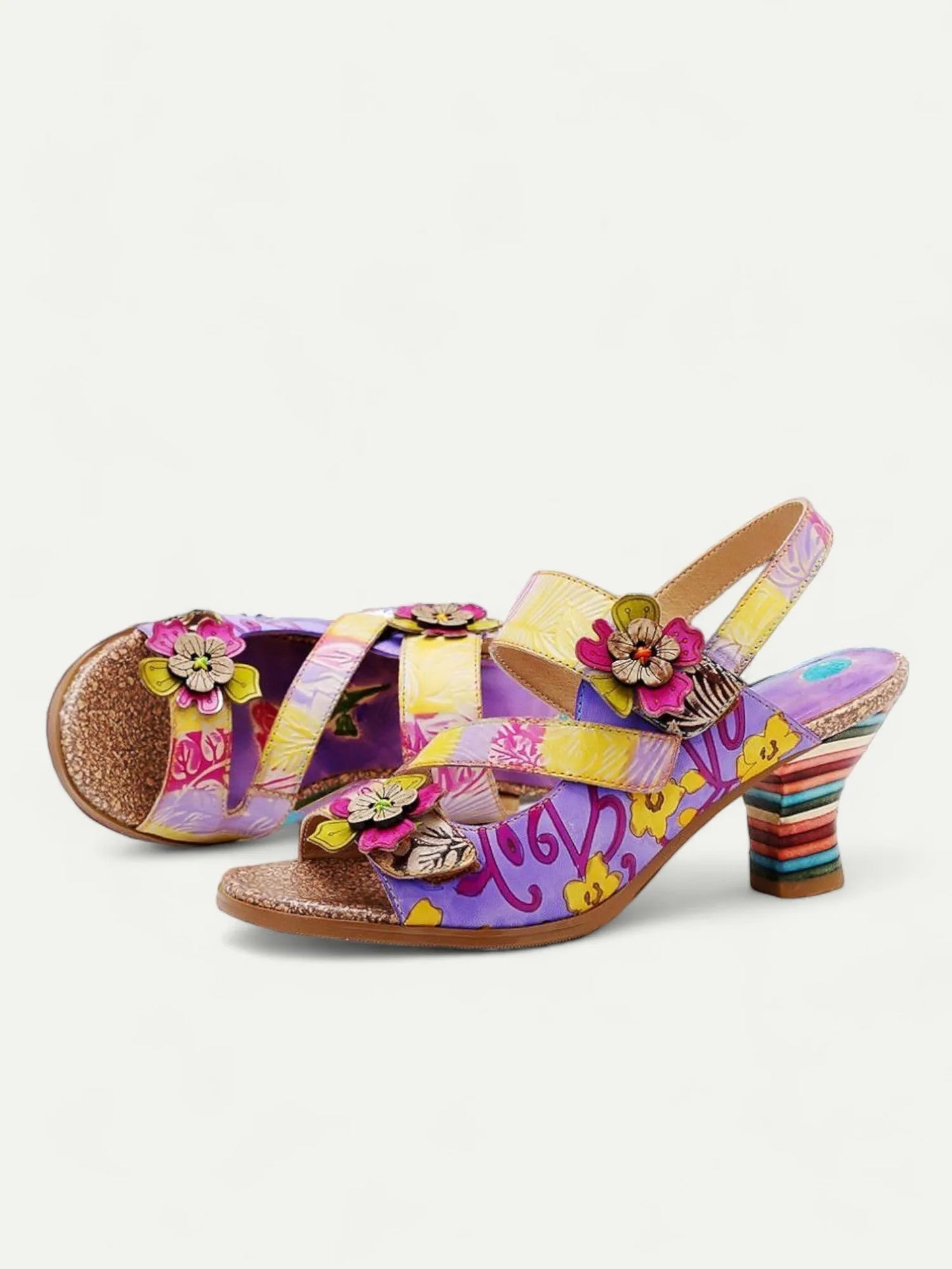 Women's Floral Print Strappy Chunky Heel Sandals