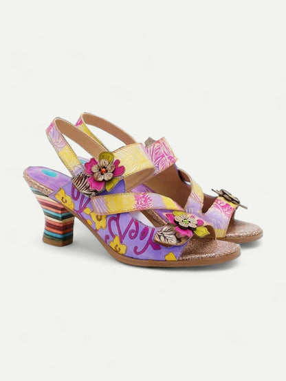 Women's Floral Print Strappy Chunky Heel Sandals