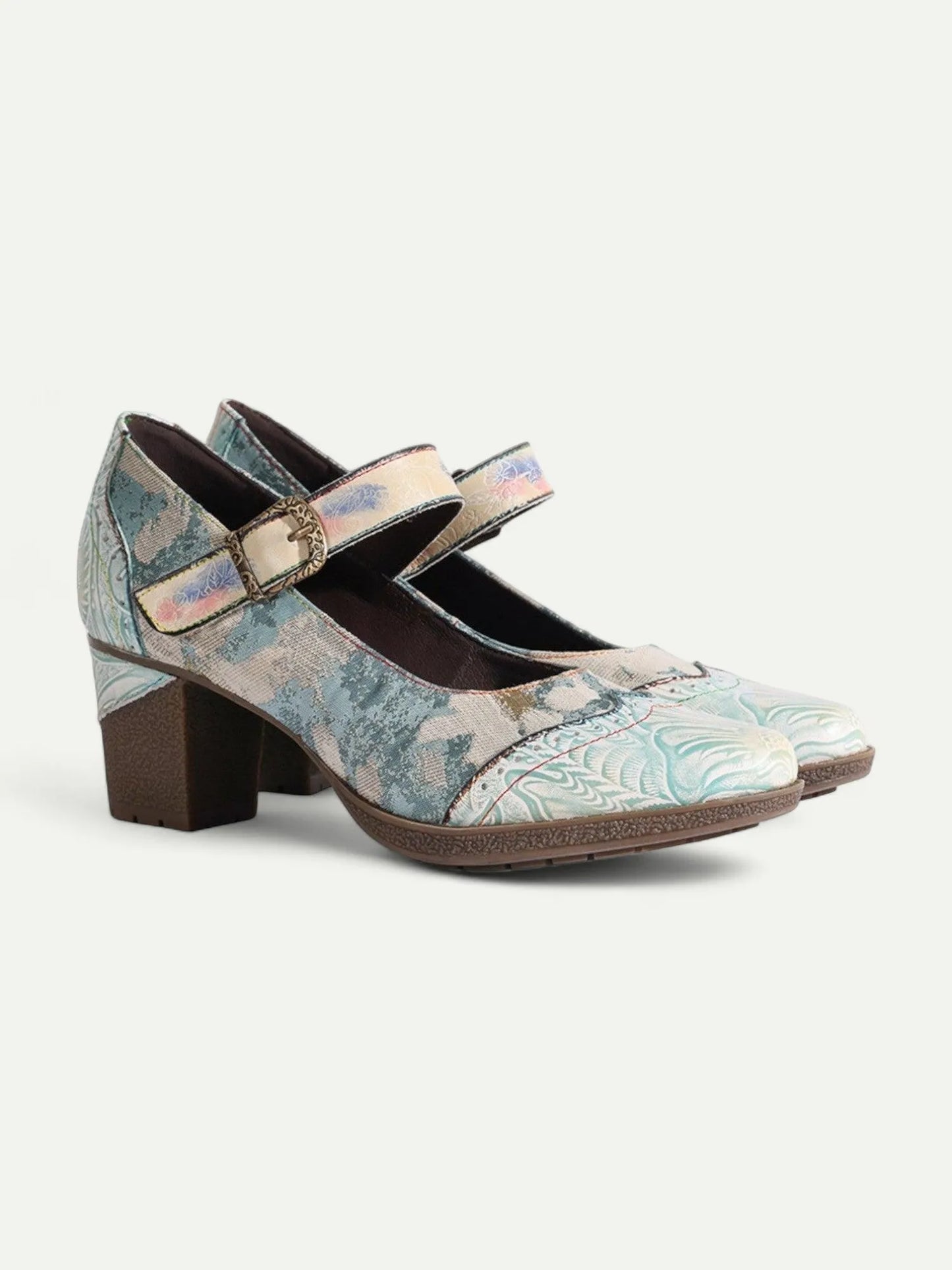 Women's Pastel Print Buckle Strap Chunky Heel Pumps