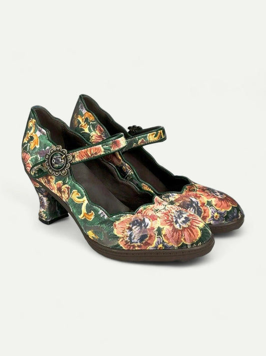 Vintage Floral Pattern Women's Heels with Decorative Buttons and Mary Jane Strap - Comfortable and Stylish Mid Heel Shoes