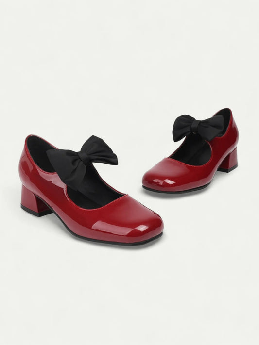 Red Patent Leather Mary Jane Heels with Black Bow for Women