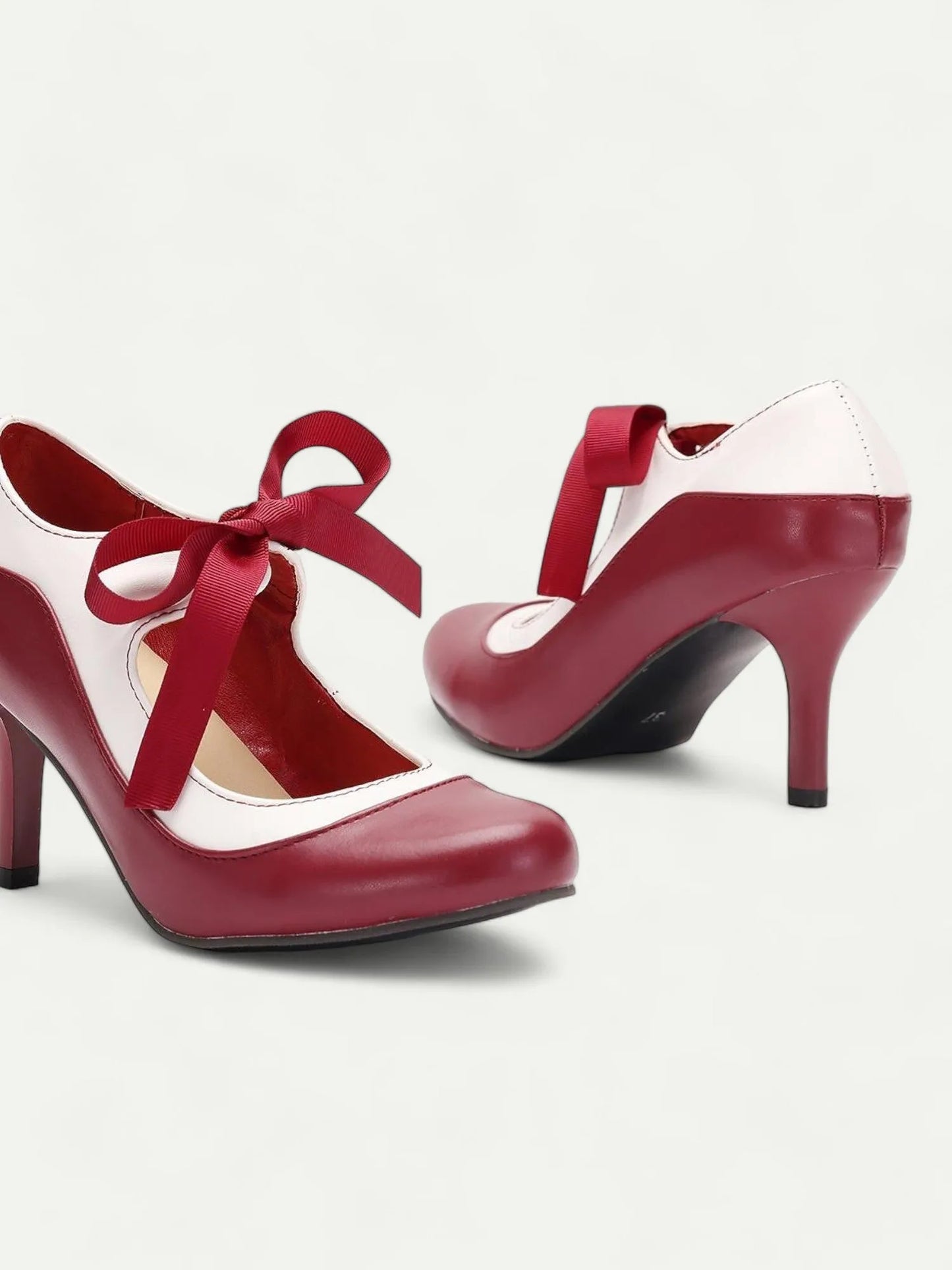 White and Red Ribbon Tie Heels - Women's Elegant Dress Shoes