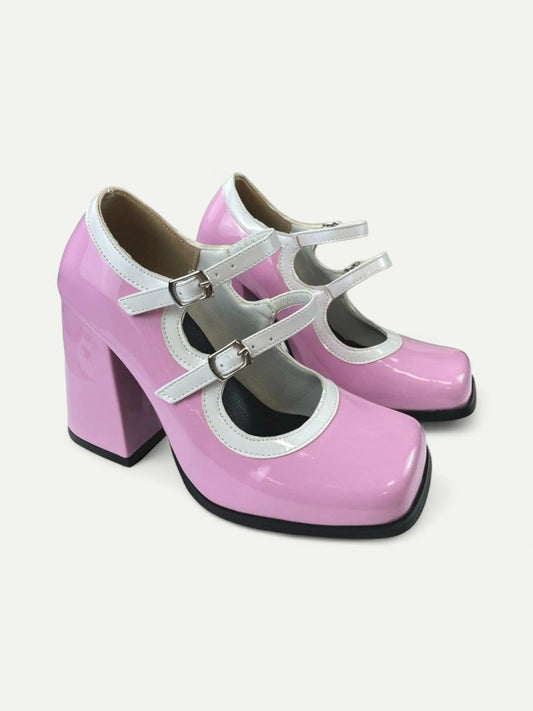 Pink and White Platform Mary Jane Heels with Double Buckle for Women