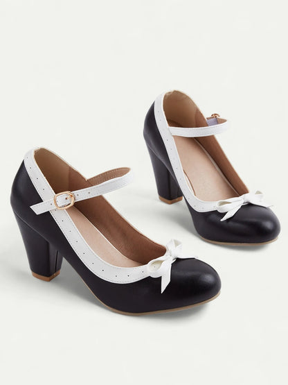 Women's Black and White Mary Jane Heels with Bow - Classic Chunky Heel Pumps