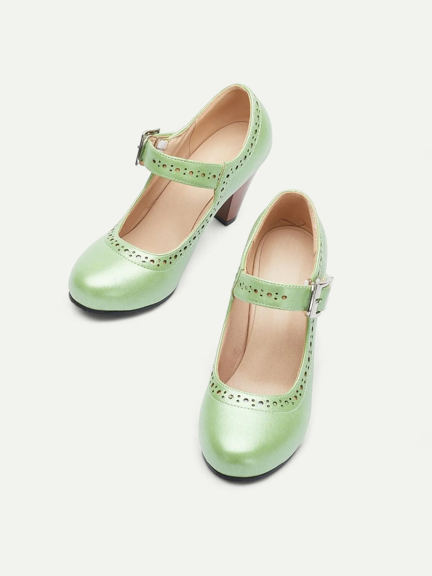 Retro Green Mary Jane Heels for Women - Perforated Design with Buckle Strap