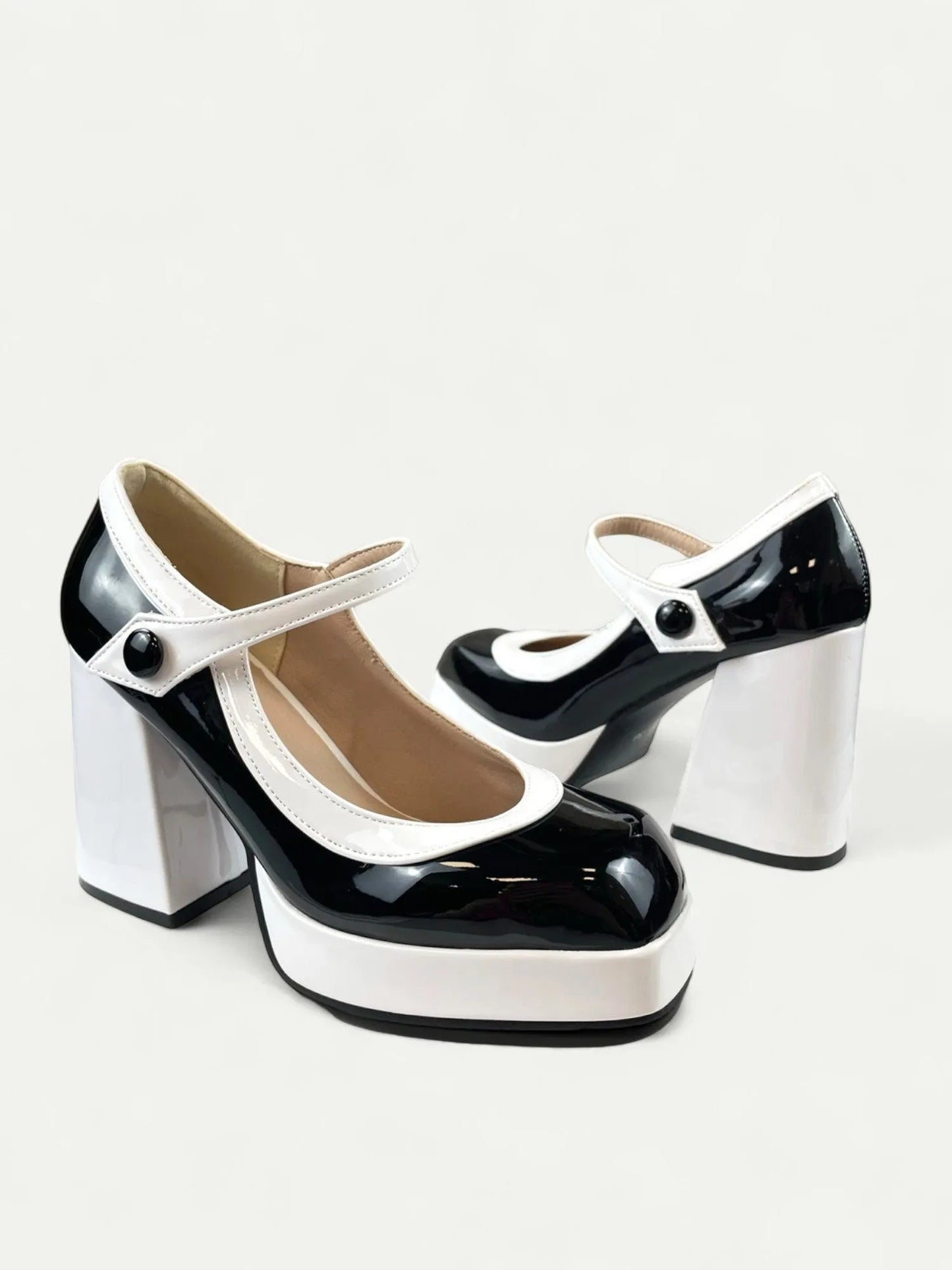 Black and White Platform Mary Jane Heels with Strap for Women