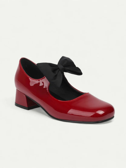 Red Patent Leather Mary Jane Heels with Black Bow for Women