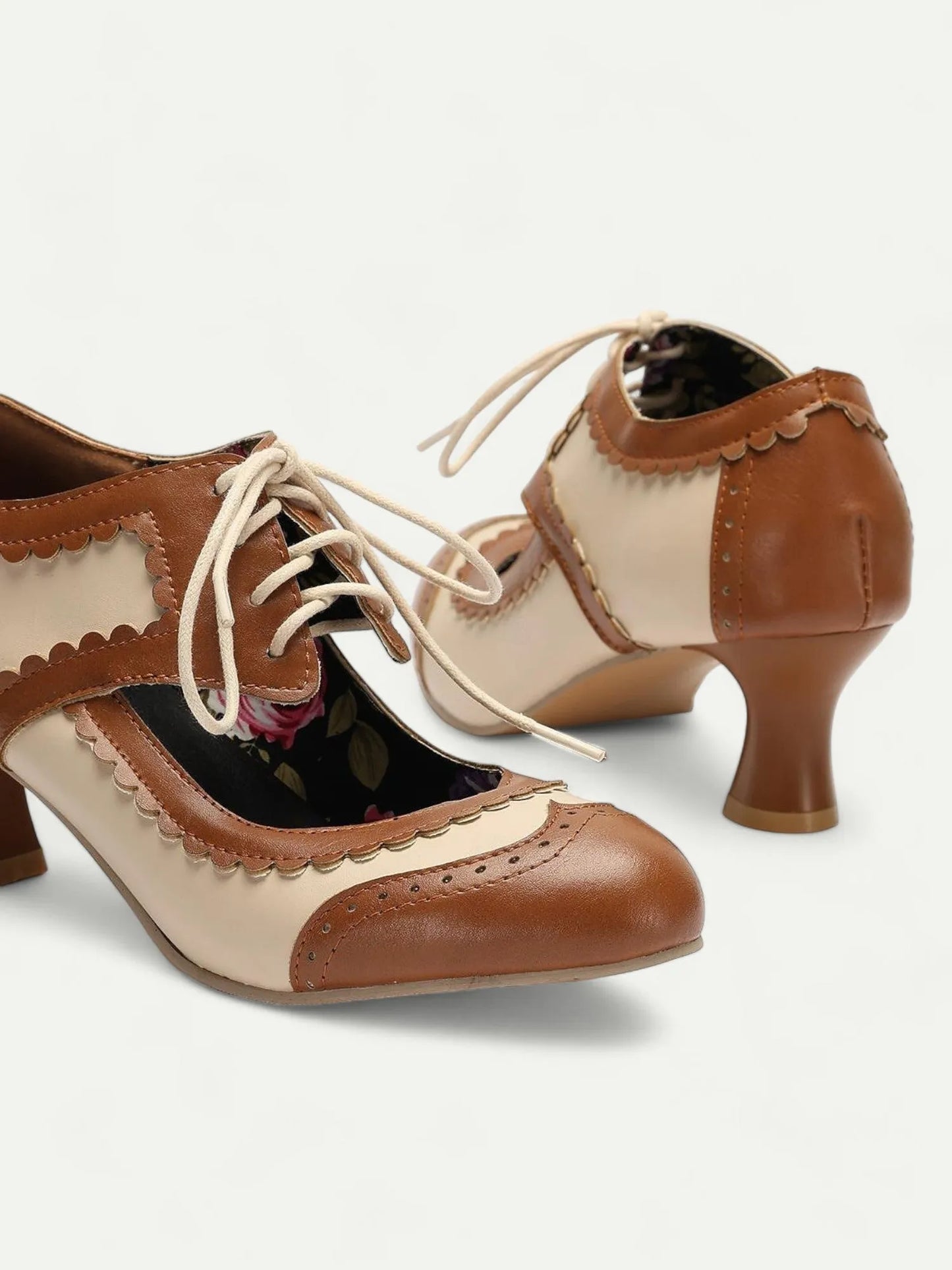 Women's Two-Tone Oxford Heels with Lace-Up Front and Floral Insole