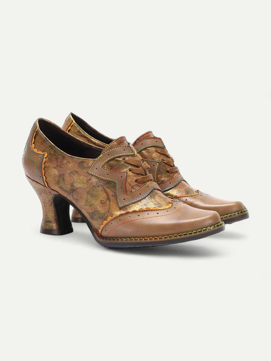 Women's Beige Lace-Up Heeled Brogues Vintage Print