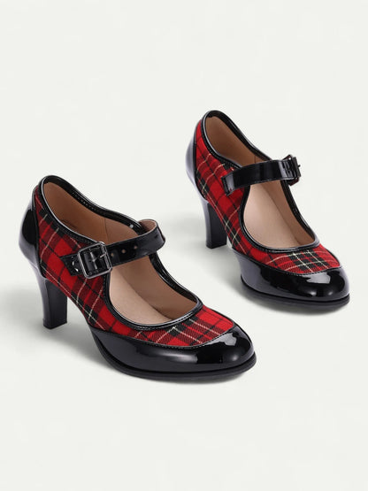 Women's Red Plaid Mary Jane Heels with Black Patent Leather - Retro High Heel Pumps