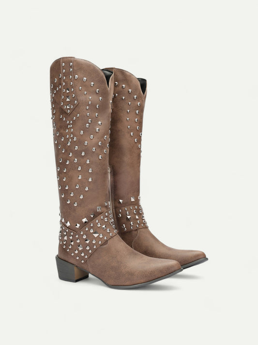 Women's Studded Western Cowboy Boots with Faux Leather Vintage Knee-High Boots