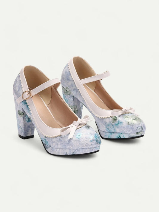 Floral White Platform Mary Jane Heels with Bow for Women