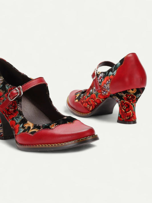 Red Floral Mary Jane Heels with Buckle - Women's Leather Shoes