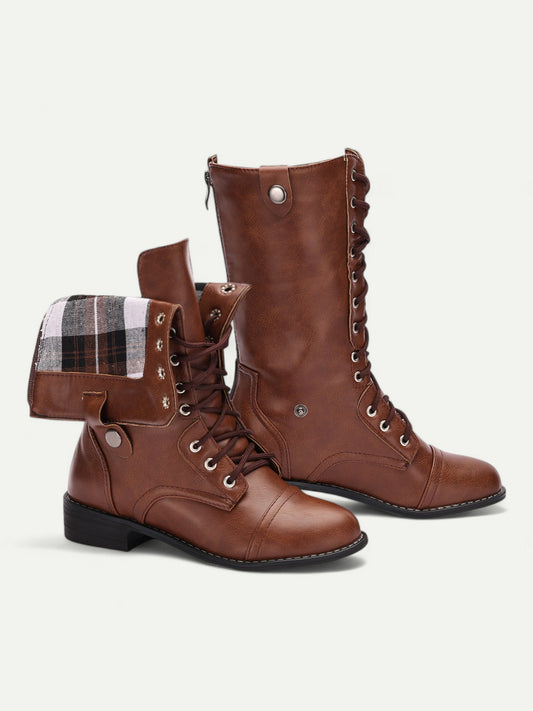 Women's Brown Convertible Lace-Up Combat Boots with Fold-Down Plaid Cuffs