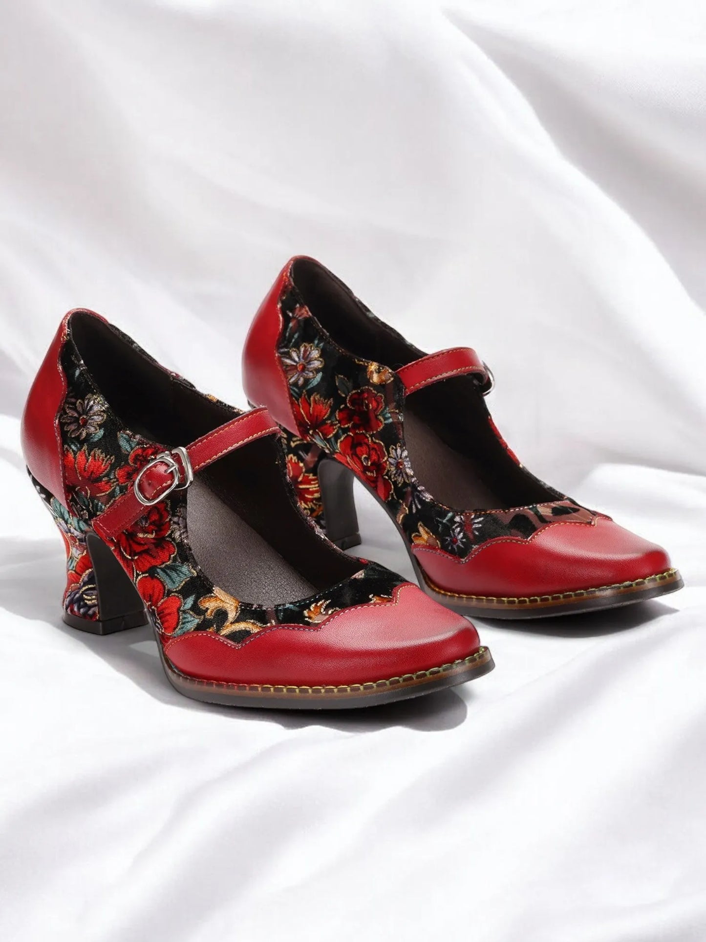 Red Floral Mary Jane Heels with Buckle - Women's Leather Shoes