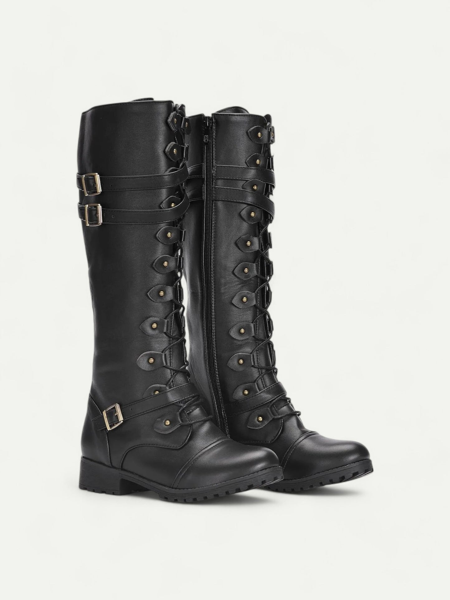 Women's Black Faux Leather Knee-High Combat Boots