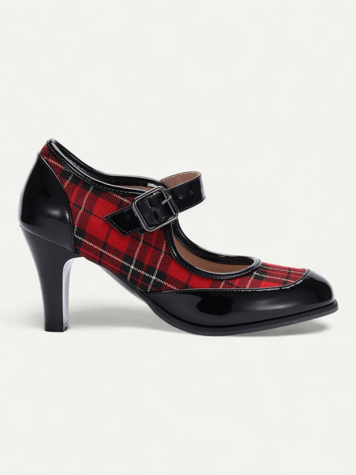 Women's Red Plaid Mary Jane Heels with Black Patent Leather - Retro High Heel Pumps