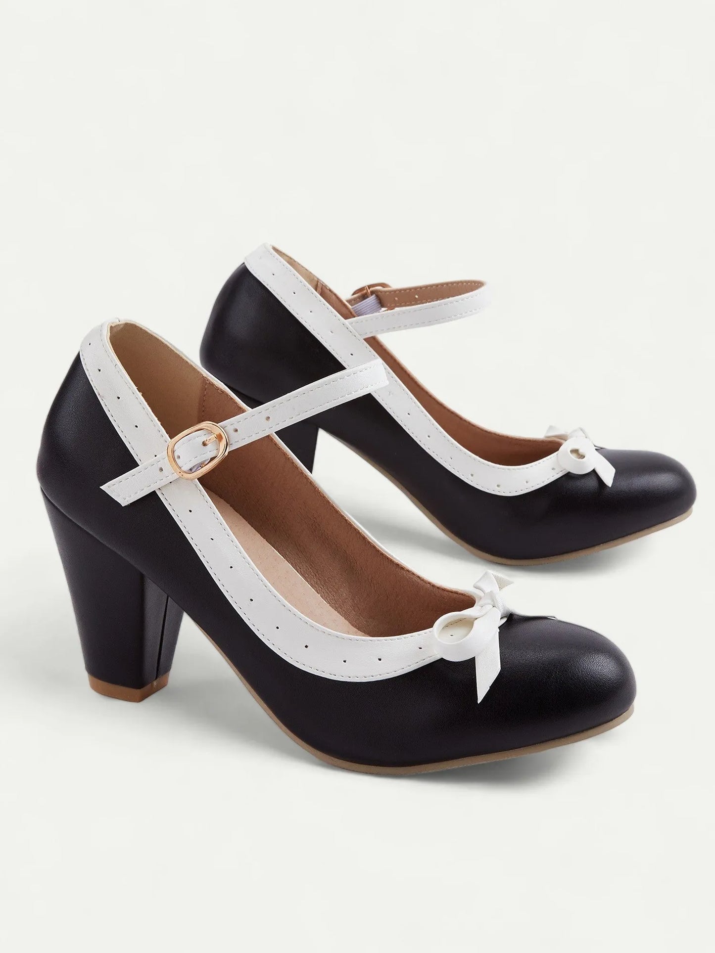 Women's Black and White Mary Jane Heels with Bow - Classic Chunky Heel Pumps