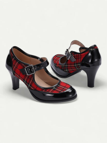 Women's Red Plaid Mary Jane Heels with Black Patent Leather - Retro High Heel Pumps