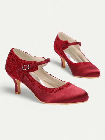 Women's Red Lace Satin Mary Jane Pumps - Stylish Mid Heel Shoes with Buckle Strap