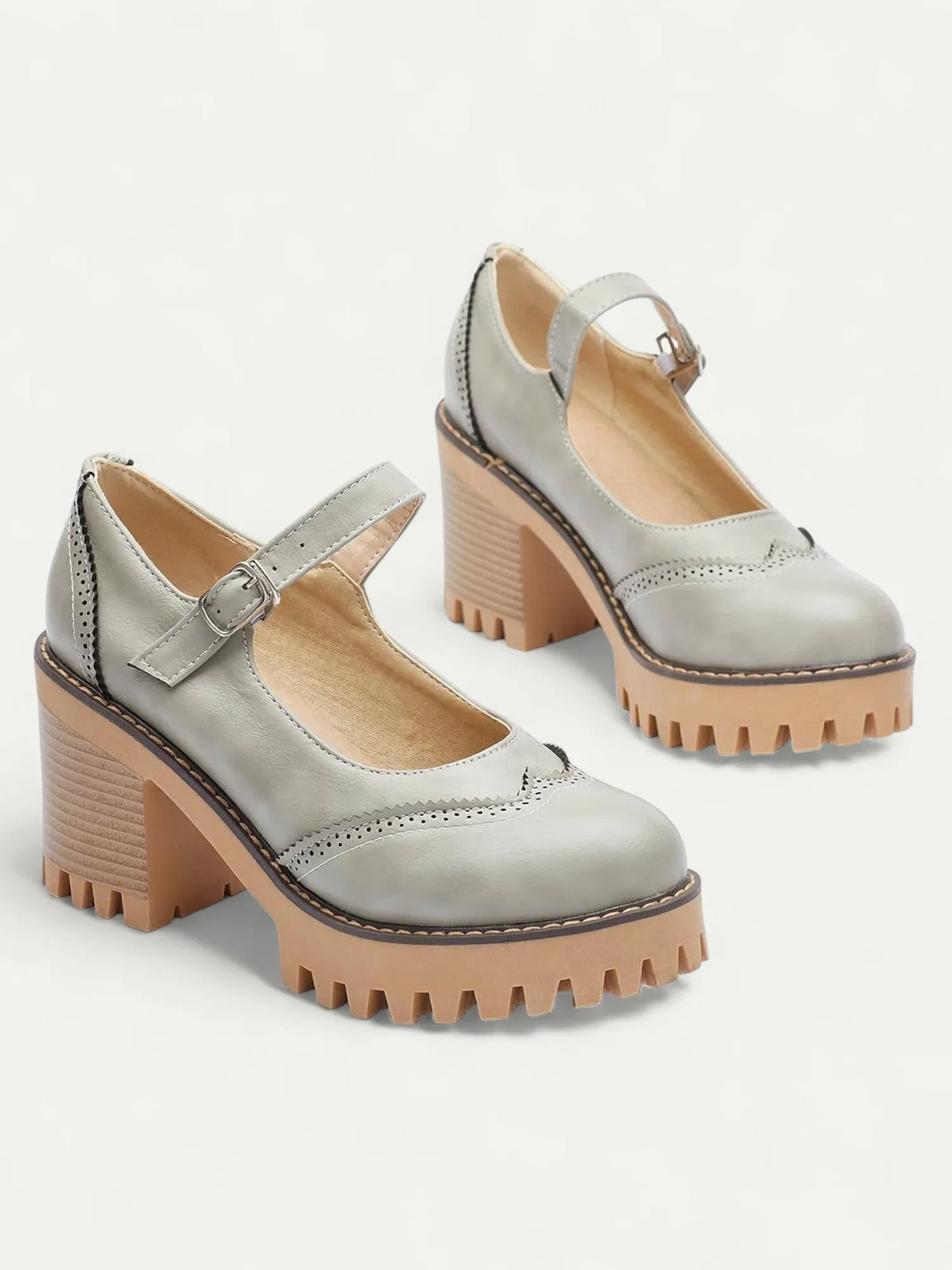 Chunky Platform Mary Jane Heels for Women - Gray Leather with Buckle Strap and Lug Sole