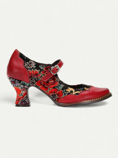 Red Floral Mary Jane Heels with Buckle - Women's Leather Shoes