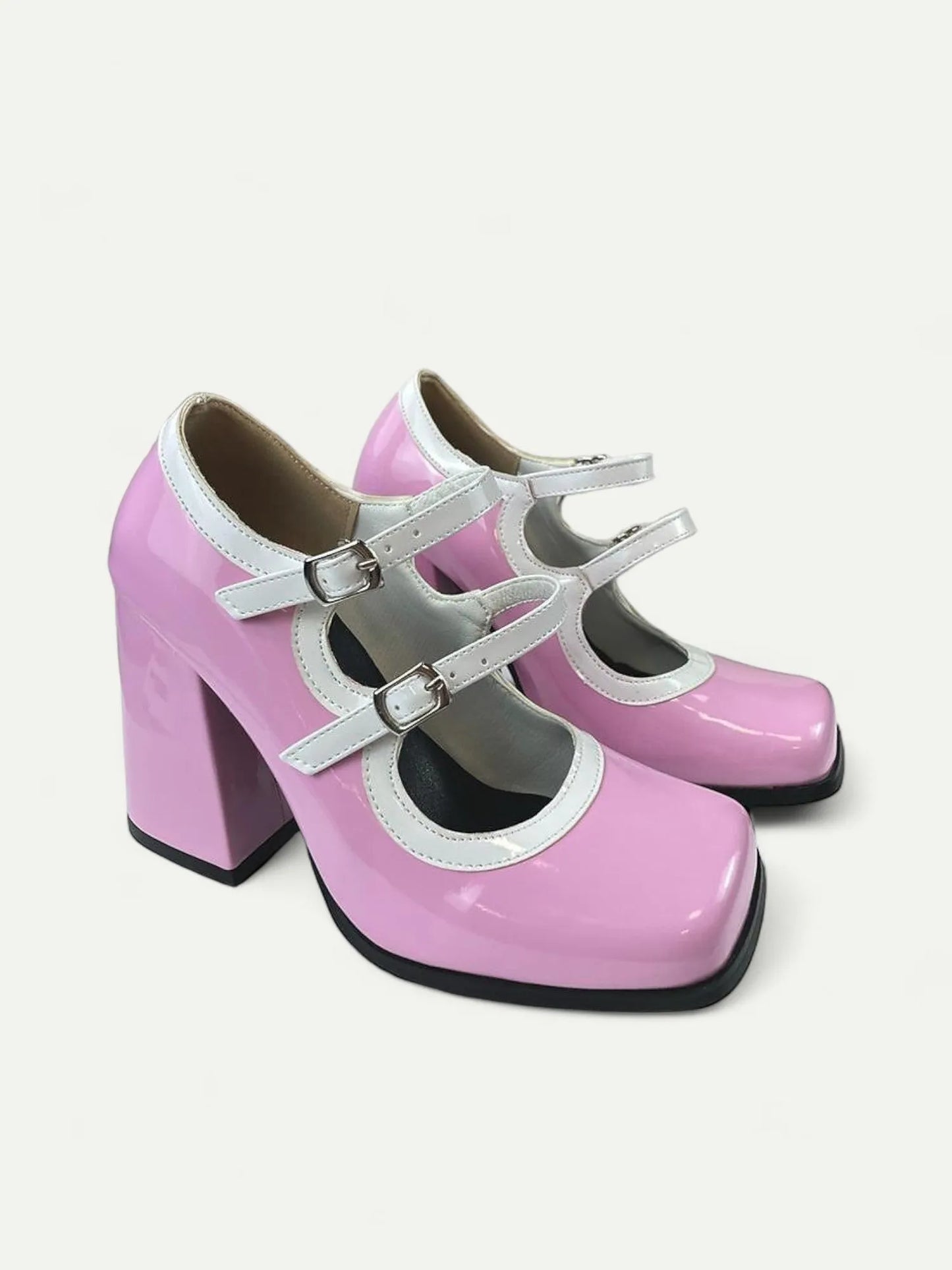 Pink and White Platform Mary Jane Heels with Double Buckle for Women