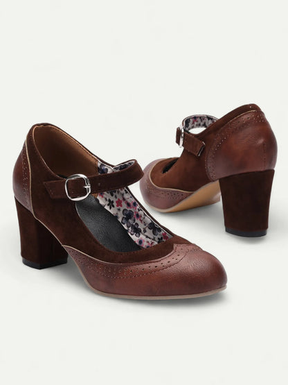 Classic Brown Suede Mary Jane Heels with Buckle Strap - Women's Comfortable Dress Shoes