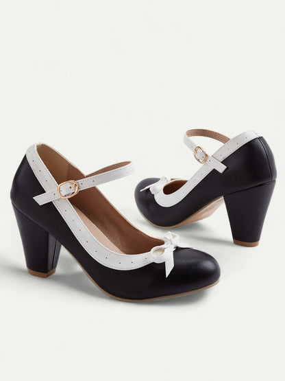 Women's Black and White Mary Jane Heels with Bow - Classic Chunky Heel Pumps