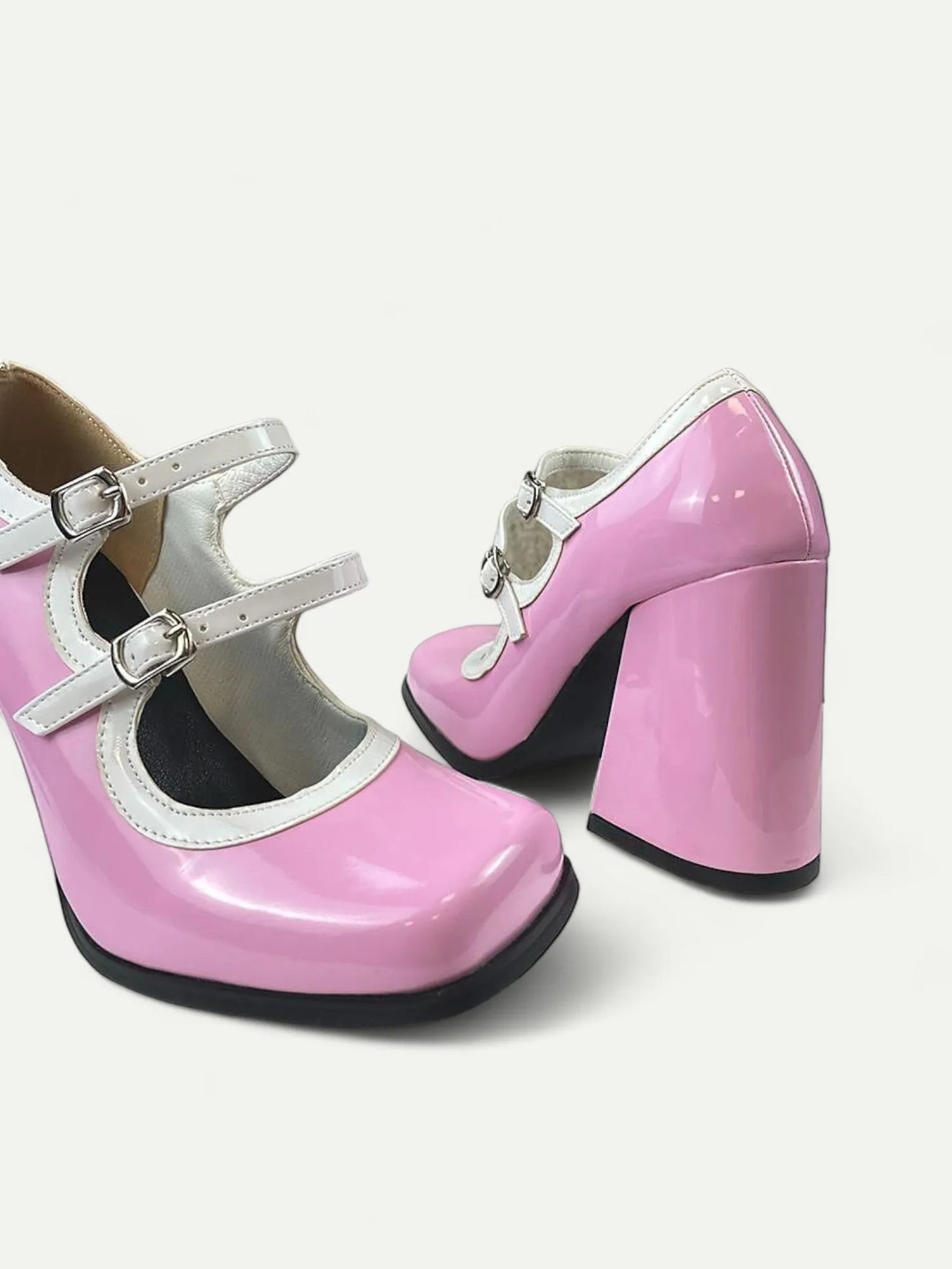 Pink and White Platform Mary Jane Heels with Double Buckle for Women