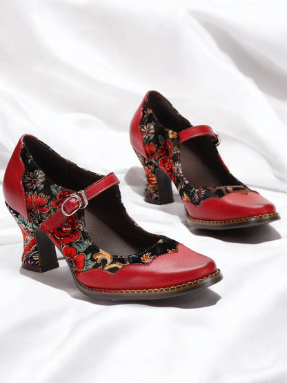 Red Floral Mary Jane Heels with Buckle - Women's Leather Shoes