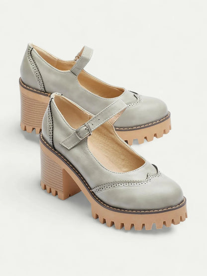 Chunky Platform Mary Jane Heels for Women - Gray Leather with Buckle Strap and Lug Sole