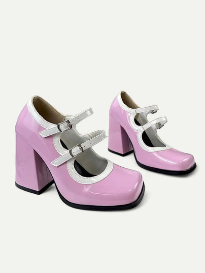 Pink and White Platform Mary Jane Heels with Double Buckle for Women