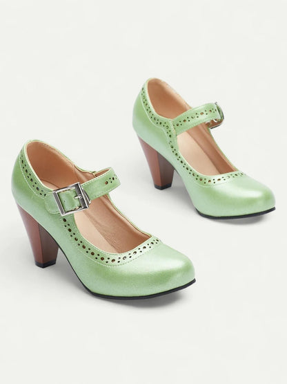 Retro Green Mary Jane Heels for Women - Perforated Design with Buckle Strap