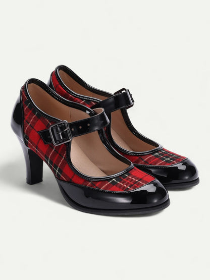 Women's Red Plaid Mary Jane Heels with Black Patent Leather - Retro High Heel Pumps