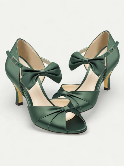 Women's Teal Satin Bow-Tie High Heel Sandals