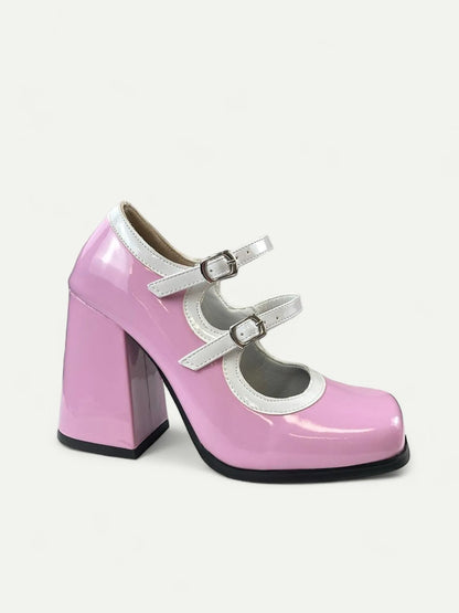 Pink and White Platform Mary Jane Heels with Double Buckle for Women