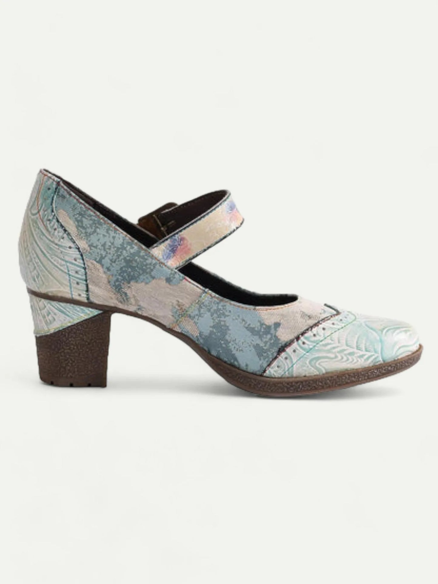 Women's Pastel Print Buckle Strap Chunky Heel Pumps